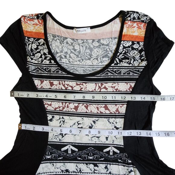 PERSAYA Black White Orange Brown Mixed Print Short Sleeve Top L - Picture 9 of 11